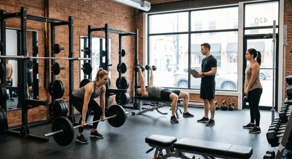 A small group of three people lifting weights under the supervision of a fitness coach in a private Calgary studio.