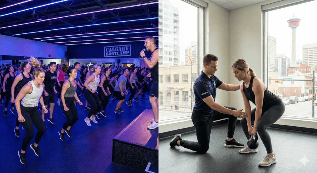 Split-screen comparison showing a high-intensity group fitness class on the left versus a focused private personal training session on the right in Calgary.