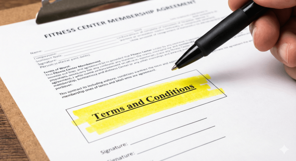 A close-up of a pen hovering over a gym contract with "Terms and Conditions" highlighted.
