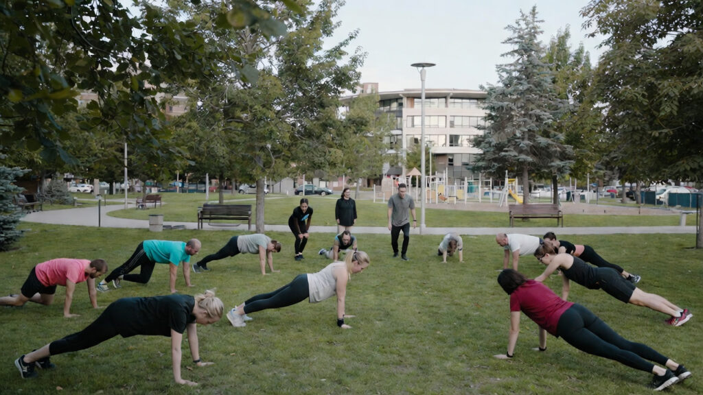Calgary park calisthenics group session, stock photo style